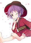  bad_id bad_pixiv_id barefoot beni_shake bowl bowl_hat hat japanese_clothes kimono long_sleeves obi one_eye_closed purple_eyes purple_hair sash sitting smile solo sukuna_shinmyoumaru touhou wide_sleeves 