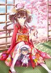  ahoge animal_costume black_hair black_tea blush brown_hair chinese_zodiac closed_eyes cup floral_print hairband haruna_(kantai_collection) highres japanese_clothes kantai_collection kimono kongou_(kantai_collection) light_smile long_hair looking_at_viewer multiple_girls purple_eyes sandals saucer scarlet_dango sheep_costume sitting smile tatami tea teacup thighhighs white_legwear year_of_the_goat 