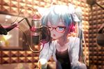  aqua_eyes aqua_hair bai_yemeng blurry bokeh breasts cleavage collarbone depth_of_field glasses hair_ribbon hatsune_miku headphones highres kagamine_rin long_hair md5_mismatch microphone one_eye_closed open_mouth pop_filter recording_studio ribbon small_breasts solo twintails vocaloid 