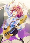  440 ahoge amplifier arm_up blue_eyes electric_guitar guitar instrument looking_at_viewer open_mouth orange_hair original plectrum school_uniform short_hair skirt smile solo strap washburn whammy_bar 