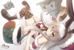  &gt;_&lt; :3 alternate_costume boots brown_footwear christmas closed_eyes cross-laced_footwear fur_boots hairband kantai_collection lace-up_boots lifebuoy long_hair morigami_(morigami_no_yashiro) navel pleated_skirt rensouhou-chan santa_costume shimakaze_(kantai_collection) silver_hair skirt thighhighs triangle_mouth twitter_username |_| 