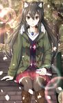  animal_ears bench black_hair black_legwear brown_eyes casual coat fang gen_(gen_7254) highres jewelry long_hair looking_at_viewer necklace original park_bench parted_lips petals pleated_skirt sitting skirt solo thighhighs wind winter_clothes winter_coat wolf_ears zettai_ryouiki 