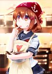  anchor_symbol apron blurry blush bowl brown_eyes brown_hair character_name chocolate chocolate_making clothes_writing cooking dated finger_licking food food_on_face hair_ornament hairclip heart highres ikazuchi_(kantai_collection) kantai_collection kunreishiki licking lightning_bolt mixing_bowl nippon-shiki school_uniform serafuku short_hair solo tasting tongue tongue_out tsubasa_(abchipika) twitter_username valentine 