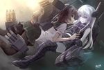  argyle argyle_legwear brown_eyes brown_hair dark_persona destroyer_hime downscaled gloves hands_together kantai_collection kisaragi_(kantai_collection) machinery md5_mismatch morigami_(morigami_no_yashiro) multiple_girls mutsuki_(kantai_collection) pantyhose purple_eyes resized school_uniform serafuku shinkaisei-kan short_hair spoilers white_hair 