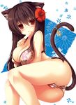  animal_ears ass bikini black_hair blush breasts cat_ears cat_tail cleavage covered_nipples fireworks floral_print flower food hair_flower hair_ornament hibiscus highres large_breasts long_hair looking_at_viewer mia_flatpaddy open_mouth original popsicle red_eyes solo suggestive_fluid swimsuit syroh tail 