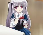  absolute_duo food fruit ice_cream long_hair purple_eyes school_uniform screencap silver_hair spoon strawberry yurie_sigtuna 