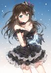  bare_shoulders black_gloves black_gothic_dress_(idolmaster) breasts brown_hair choker cowboy_shot gloves green_eyes hair_ornament highres idolmaster idolmaster_cinderella_girls large_breasts long_hair looking_at_viewer shibuya_rin smile solo yuran 