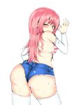  ;q arm_warmers arufu ass back bad_id bad_pixiv_id bare_shoulders blush breasts denim denim_shorts from_behind highres long_hair looking_back medium_breasts one_eye_closed open_mouth original pink_eyes pink_hair shiny shiny_clothes shiny_skin short_shorts shorts sideboob smile solo sweat thighhighs tongue tongue_out white_legwear 