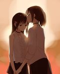  bad_id bad_pixiv_id bare_shoulders black_hair blush brown_eyes brown_hair closed_eyes collar fatal_frame fatal_frame_5 flower forehead_kiss hair_flower hair_ornament highres hinasaki_miku hinasaki_miu kisetsu kiss long_hair mother_and_daughter multiple_girls ponytail skirt sunset 