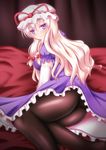  absurdres ass bed bed_sheet black_legwear blonde_hair curtains dress elbow_gloves gloves hair_ribbon hat hat_ribbon highres long_hair looking_back mob_cap panties panties_under_pantyhose pantyhose puffy_short_sleeves puffy_sleeves purple_dress purple_eyes ribbon short_sleeves smile solo toono_suika touhou tress_ribbon underwear upskirt very_long_hair white_gloves yakumo_yukari 