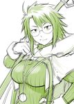  breasts cloak fang fang_out glasses green hand_on_hip hood jewelry large_breasts log_horizon long_sleeves looking_at_viewer monochrome necklace roe2 short_hair smile solo sweater ueyama_michirou 