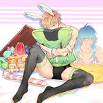  animal_ears arm_support bad_id bad_pixiv_id bandages black_legwear blonde_hair blue_hair blueberry blush bunny_ears candy candy_cane chocolate dramatical_murder earrings food fruit funpjinju green_eyes grin jewelry long_hair looking_at_viewer lying male_focus multiple_boys noiz_(dramatical_murder) nose_piercing on_stomach pancake piercing pillow pillow_hug seragaki_aoba shirtless short_hair sitting smile spread_legs strawberry syrup thighhighs yellow_eyes 