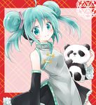  adapted_costume ahoge alternate_hair_length alternate_hairstyle aqua_eyes aqua_hair blush chinese_clothes detached_sleeves double_bun hatsune_miku looking_at_viewer mochizuki_yomogi short_hair smile solo stuffed_animal stuffed_panda stuffed_toy vocaloid 