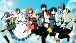  5boys amamiya_hibiya black_hair blonde_hair brown_hair day dress enomoto_takane green_hair hayuru highres holding_hands kagerou_project kano_shuuya kido_tsubomi kisaragi_momo kisaragi_shintarou kokonose_haruka kozakura_marry long_hair multiple_boys multiple_girls orange_hair pointing red_eyes seto_kousuke short_hair silver_hair sky smile twintails 