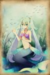 bad_id bad_pixiv_id bikini_top bubble expressionless fins fish framed green_eyes green_hair hatsune_miku long_hair looking_at_hand mermaid midriff monster_girl monsterification navel o-ring o-ring_top ponjiritsu revision seaweed sitting solo twintails underwater very_long_hair vocaloid 