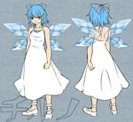  alternate_costume aoshima bare_back bare_shoulders blue_eyes blue_hair bow breasts cirno dress hair_bow hair_ornament hairclip highres ice ice_wings looking_at_viewer mary_janes medium_breasts multiple_views older shoes short_hair smile team_9 toned touhou tsurime turnaround white_dress white_footwear wings 