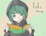  1girl artist_request character_name copyright_name food green_eyes green_hair isil isis-chan islamic_state_of_iraq_and_the_levant melon original personification source_request tongue tongue_out 