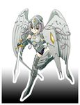  absurdres angel angel_wings armor armored_dress armpits breastplate frown gauntlets greaves grey_hair highres hoshino_souichirou long_hair magic:_the_gathering metal_wings personification plate_armor platinum_angel school_swimsuit shield solo swimsuit sword thighhighs weapon wings yellow_eyes 