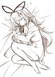  blush hair_ribbon long_hair monochrome naked_shirt ribbon rondo_umigame shirt sketch sleeping solo touhou very_long_hair yakumo_yukari 