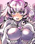  :o ? bangs blush bodysuit breasts covered_nipples flying_sweatdrops gem hand_on_own_chest large_breasts looking_at_viewer mimonel nose_blush open_mouth palpa_(terra_battle) purple_eyes purple_hair solo speech_bubble spoken_question_mark terra_battle turtleneck upper_body 