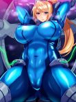  1girl ass blonde_hair blue_eyes blush breasts cameltoe covered_navel gluteal_fold huge_breasts image_sample large_breasts metroid mole nintendo pixiv_sample sakusaku samus_aran solo sweat zero_suit 