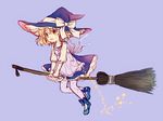  :o adapted_costume blonde_hair blue_footwear blush broom broom_riding dress hat kirisame_marisa purple_legwear shoes short_hair siva solo sparkle star surprised sweatdrop thighhighs touhou witch_hat yellow_eyes 