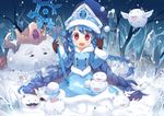  :d alternate_costume blue_hair braid coat fred04142 hat league_of_legends long_hair looking_at_viewer lulu_(league_of_legends) open_mouth poro_(league_of_legends) poro_king red_eyes sitting smile solo staff twin_braids wariza winter_clothes winter_coat winter_wonder_lulu witch_hat 