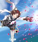  animal_ears blue_sky blush brown_eyes brown_hair cat_ears cat_tail day flying gun holding holding_gun holding_sword holding_weapon kaneko_(novram58) katana long_sleeves neuroi nishizawa_yoshiko open_mouth pleated_skirt scarf school_uniform serafuku short_hair skirt sky smile solo striker_unit sword tail type_99_cannon weapon world_witches_series 