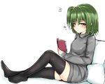  arufu bad_id bad_pixiv_id black_legwear book brown_eyes dress green_hair hair_bobbles hair_ornament legs looking_at_viewer original pillow short_hair side_ponytail simple_background solo sweater sweater_dress thighhighs thighs translated white_background zettai_ryouiki 