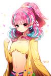  3: aqua_hair artist_name bad_id bad_pixiv_id blue_eyes chromatic_aberration clenched_hand hair_ornament heart heart_background heterochromia looking_at_viewer multicolored_hair navel original pink_eyes pink_hair ponytail simple_background solo sukja two-tone_hair white_background 