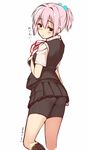  bike_shorts gin_(ginshari) gloves kantai_collection miniskirt neck_ribbon pink_hair pleated_skirt ponytail red_ribbon ribbon school_uniform shiranui_(kantai_collection) short_hair shorts shorts_under_skirt skirt solo vest white_gloves 