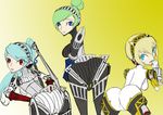  3girls aegis_(persona) android artist_request ass atlus bent_over blonde_hair blue_eyes breasts embarrassed from_behind green_hair highres labrys leaning leaning_forward long_hair looking_at_viewer looking_back megami_tensei multiple_girls open_mouth persona persona_3 persona_4 persona_4:_the_ultimate_in_mayonaka_arena ponytail red_eyes shin_megami_tensei short_hair sideboob smile unit_#024 