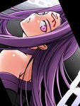  bare_shoulders chain dress facial_mark fate/stay_night fate_(series) forehead_mark imada_kozue long_hair looking_at_viewer purple_eyes purple_hair rider shaft_look solo strapless strapless_dress very_long_hair 