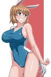  alternate_hairstyle animal_ears blue_eyes blush breasts bunny_ears bunny_tail charlotte_e_yeager cleavage collarbone competition_swimsuit covered_navel cowboy_shot grin hair_up highres huge_breasts komusou_(jinrikisha) one-piece_swimsuit orange_hair outline short_hair sideboob smile solo strike_witches swimsuit tail taut_clothes taut_swimsuit world_witches_series 