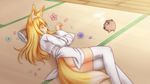  animal_ears blonde_hair flower fox_ears fox_tail hanami_shione highres japanese_clothes kayari_buta kimono long_hair lying minaha_(playjoe2005) on_side original petals short_kimono sleeping smile solo steam tail thighhighs 