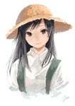  artist_name asashio_(kantai_collection) black_eyes black_hair face hat kantai_collection long_hair looking_at_viewer simple_background solo straw_hat suspenders upper_body white_background yae_(mono110) 