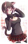  animal_ears bell black_legwear blush breasts cat_ears cat_tail cleavage cleavage_cutout extra_ears glasses large_breasts looking_at_viewer meme_attire open-chest_sweater original plaid plaid_skirt purple_eyes red-framed_eyewear red_skirt short_hair sisco skirt solo sweater tail thighhighs zettai_ryouiki 