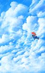  black_hair cloud cloudy_sky day dress dutch_angle flying highres light_particles long_hair original sakimori_(hououbds) scenery sky solo surreal umbrella umbrella_riding 