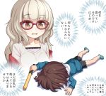  2girls athrun1120 bangs black_shorts blue_footwear brown_eyes brown_hair chibi commentary_request eyebrows_visible_through_hair full_body glasses grey_hair hazuki_shizuku hood hoodie light_stick lying multiple_girls new_game! on_stomach open_mouth red-framed_eyewear shinoda_hajime short_hair shorts simple_background slippers translation_request white white_background 