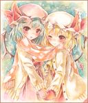  :o ;) ascot bat_wings blonde_hair blue_background blue_hair blush cardigan cold colored_pencil_(medium) flandre_scarlet hands_together hat hat_ribbon looking_at_viewer marker_(medium) mittens mob_cap multiple_girls one_eye_closed potto red_eyes remilia_scarlet ribbon scarf shared_scarf short_hair siblings sisters smile snowing star touhou traditional_media watercolor_(medium) wings 