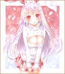  animal_ears breasts bunny_ears cleavage colored_pencil_(medium) hair_ornament large_breasts marker_(medium) meme_attire open-chest_sweater potto red_eyes reisen_udongein_inaba skirt solo sweater touhou traditional_media white_hair 