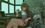  1girl azusa_(pokemon) bare_shoulders brown_eyes brown_hair burari celebi coffee coffee_mug jacket_on_shoulders pokemon ribbed_sweater sweater 