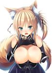  1girl animal_ears areolae bare_shoulders blush breasts breasts_outside cleavage dog_days fang fox_ears fox_tail hair_ribbon kitsune large_breasts long_hair looking_at_viewer nipples no_bra open_mouth ponytail re:n_ne shirt_lift solo tail yukikaze_panettone 