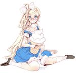 blonde_hair blue_eyes blush bow character_request dress endou_okito food full_body glasses hair_bow hair_ribbon ice_cream ice_cream_cone long_hair melting off_shoulder ribbon shoes simple_background sitting soft_serve solo very_long_hair wariza white_background 
