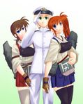  1boy 2girls admiral_(kantai_collection) akagi_(kantai_collection) blonde_hair blue_eyes brown_hair crossover green_eyes kaga_(kantai_collection) kantai_collection long_hair lyrical_nanoha mahou_shoujo_lyrical_nanoha mahou_shoujo_lyrical_nanoha_a&#039;s_portable:_the_battle_of_aces mahou_shoujo_lyrical_nanoha_a's_portable:_the_battle_of_aces mahou_shoujo_lyrical_nanoha_strikers material-s military military_cap military_hat military_uniform multiple_girls red_hair short_hair takamachi_nanoha thighhighs uniform yuuno_scrya zettai_ryouiki 