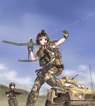  absurdres backpack bad_id bad_pixiv_id bag blonde_hair blue_eyes blurry blush brown_hair camouflage cloud condensation_trail day depth_of_field drone gloves ground_vehicle gun headset helmet highres holding holding_gun holding_weapon horizon knee_pads load_bearing_vest long_hair m249 machine_gun magazine_(weapon) military military_operator military_uniform military_vehicle motor_vehicle multiple_girls original oshkosh_m-atv pouch short_hair sleeves_rolled_up soldier standing standing_on_one_leg tantu_(tc1995) throwing torn_clothes torn_sleeves trigger_discipline uniform weapon 