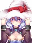  breasts cleavage cleavage_cutout construction_sign_(ole_tower) electric_sign_board_(ole_tower) hands_on_headwear hat jewelry jitome long_sleeves medium_breasts miyabi_urumi ole_tower purple_eyes purple_hair short_hair witch_hat 
