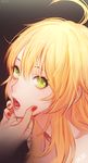  ahoge blonde_hair chin_grab collarbone face green_eyes hoshii_miki idolmaster idolmaster_(classic) long_hair looking_at_viewer nail_polish open_mouth rod_(rod4817) solo_focus 