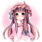  1girl blue_bow blue_ribbon blush border bow capelet circle commentary crescent crescent_moon_pin cropped_torso gradient gradient_border hair_bow hand_on_own_chin hat hat_ribbon highres holding_own_arm kori_(spinsongs) long_hair long_sleeves patchouli_knowledge pink_background purple_eyes purple_hair raised_eyebrows red_bow red_ribbon ribbon solo sparkle touhou upper_body very_long_hair 