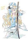  armor blonde_hair blue_eyes bravely_default:_flying_fairy bravely_default_(series) bravely_second:_end_layer breasts cleavage edea_lee gauntlets katana long_hair medium_breasts pinky_out sheath shuri_(84k) solo sword thighhighs unsheathing weapon 